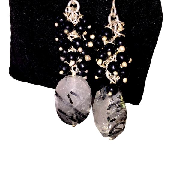 Earrings Artisan Zebra Stone with black silver cluster Bobs - Picture 1 of 4
